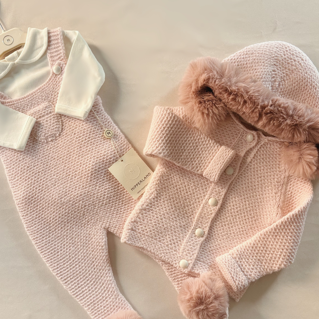 Completini caldi da 3 pezzi in maglia fine per bambina - Rosa