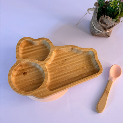 Set da pranzo per bambini in silicone rosa cipria in bambù/rosa cipria