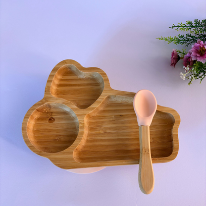 Set da pranzo per bambini in silicone rosa cipria in bambù/rosa cipria