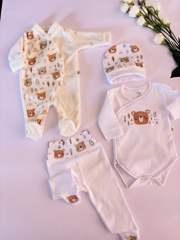 Set 4 pezzi in cotone con stampa orsetto - 1 mese